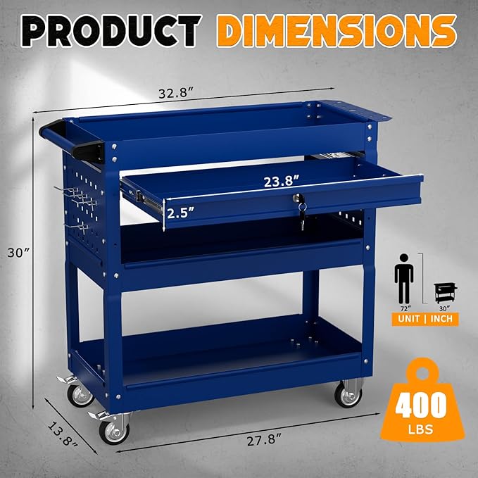 3 Tier Tool Cart on Wheels with Drawers - Three Tier Rolling Cart with Lockable Storage - Mechanic Tool Chest - Tool Chest with Wheels Used in Garage, Indoors, Workshop (Blue)