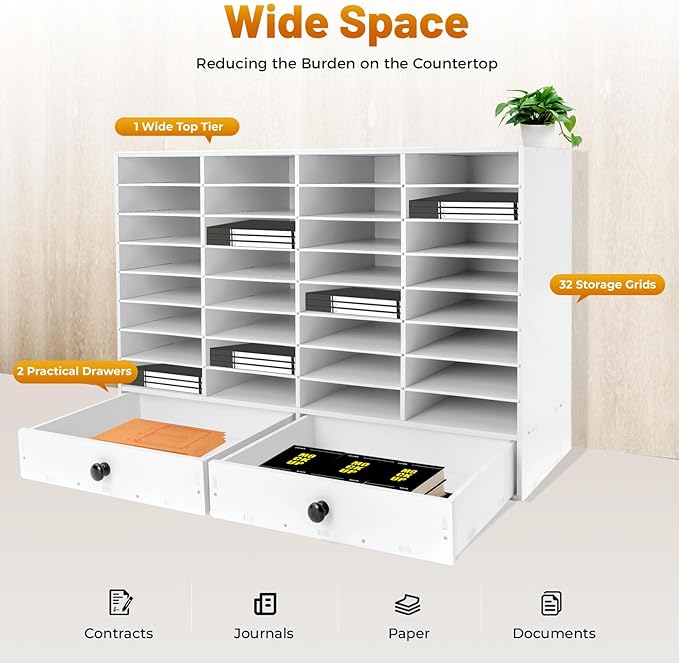 Adjustable Literature Organizer, 32 Compartments Mail Sorter Organizer with 2 Drawers, PVC Desktop File Sorter, Classroom Mailbox Office Mailbox Cubbies for Office, Home, Study Room White