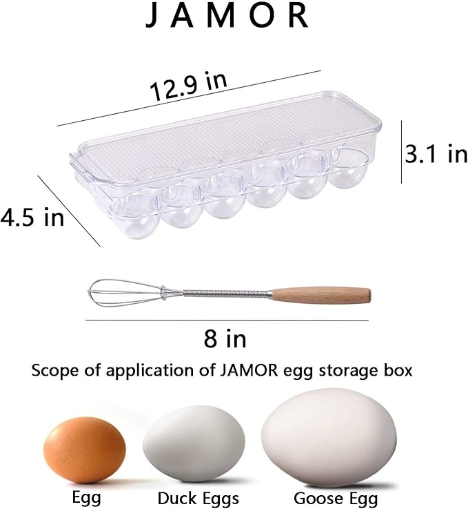 JAMOR 12 Grid Egg Storage Box Refrigerator Egg Rack Tray With Lid, Stackable Egg Rack, Transparent Egg Storage Box, BPA-Free (B)