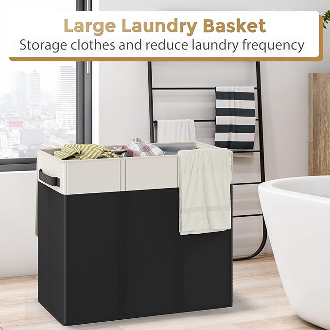 180L Laundry Hamper 3 Section, Large Laundry Basket with Lid, Laundry Basket Organizer with Handles, Divided Clothes Hampers for Laundry, Bedroom, Bathroom, White & Black
