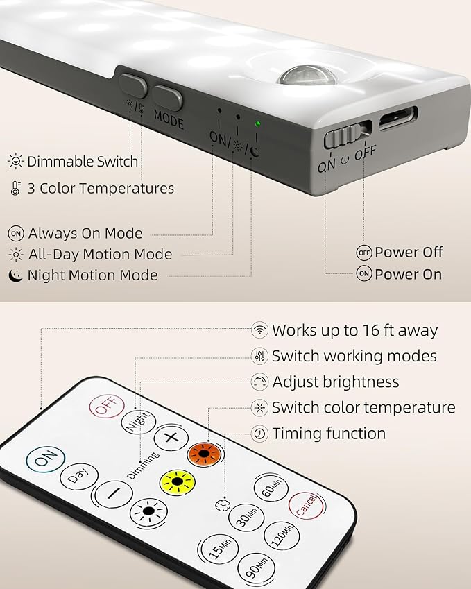 EZVALO 6-Pack Under Cabinet Lighting, 2000mAh Rechargeable Wireless Motion Sensor Lights, 62LEDs, 3 Color Temps, Dimmable, Timer, Magnetic, with Remote Control for Kitchen, Closet, Stair