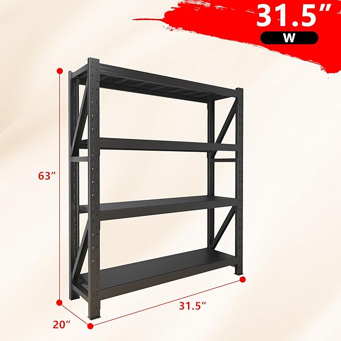 3000LBS Garage Shelving Heavy Duty, 32” W Storage Shelves, 4-Tier Adjustable Metal Storage Shelves, Steel Industrial Shelving Unit, Metal Shelving for Garage, Basement, Warehouse(Black, 31.5x20x63in)