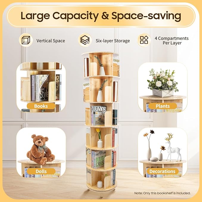 Rotating Bookshelf, 6-Tier Pine Wood Bookcase, Freestanding Bookcase Books Storage Displaying Rack, 360° Revolving Book Shelf Organizer, Each Tier Loading 110lbs, Used for Bedroom, Living Room, Study