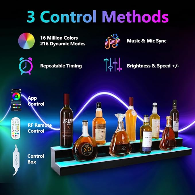 Led Lighted Liquor Bottle Display Shelf, 40 Inch 2 Tier Whiskey Rack, Support USB, Bar Stand with RF Remote & App Control, Illuminated Acrylic Lighting Shelves for Home Bar, Party