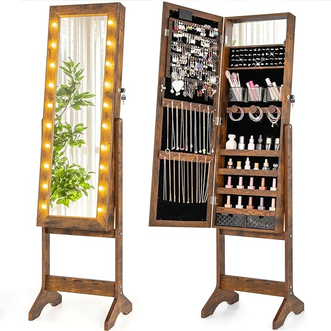 Giantex Standing Jewelry Armoire with Lighted Full Length Mirror, Lockable Jewelry Cabinet Organizer with 20 LED Lights, Adjustable Tilt, Large Storage for Earrings, Rings, Necklaces, Rustic Brown