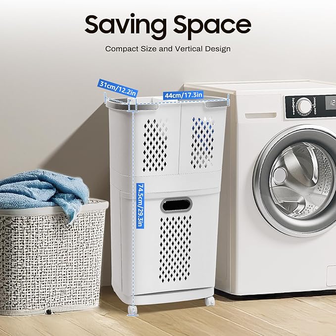 2-Tier Laundry Basket Sorter & Movable Laundry Hamper, Storage Organizer with 4 Wheels and Handles, Large Capacity Clothes Sorter for Bathroom Bedroom Laundry Room Closet Organization