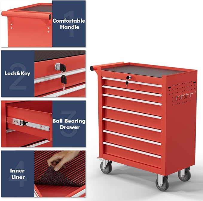 7-Drawer Tool Chest,Rolling Tool Cart with Wheels,High Capacity Tool Cabinet with Locking System for Garage, Warehouse, Workshop-Red