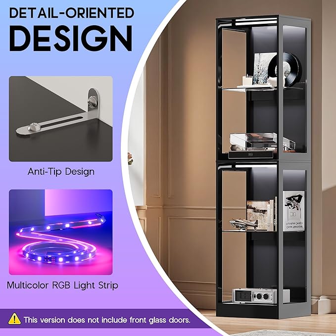 AMERLIFE RGB Display Cabinet with Adjustable Shelves, 4-Tier Storage Case with LED Lights, Modern Display Shelf for Collectibles, Black 70" H×18" L×14" D