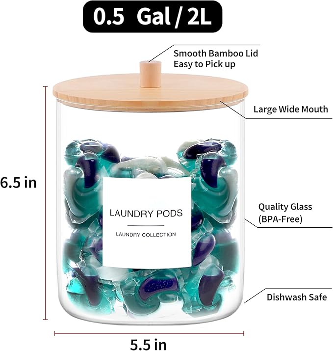 TIPGO Glass Jars for Laundry Room Organization, Laundry Pods Container with 27 Labels, Detergent Holder with Bamboo Lid, Cute Storage Jars (Set of 1)