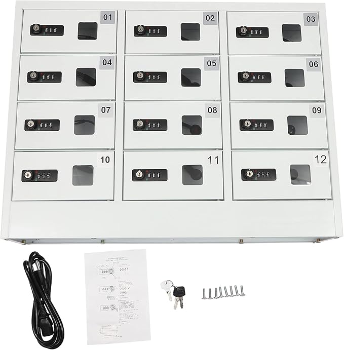 12 Slot Cellphone Charging Station, Locker Charging Station with Multiple Protection Function 3In1 Charging Ports and Plug-in Power Cord Combination Lock Mini Storage for Schools Airports Etc