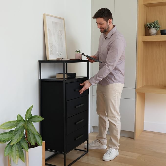 tinge Zana Premium Fabric Dresser - Strong Metal Frame, 4 Spacious Sag-Proof Drawers & Sturdy Wooden Top Shelf - Premium, Sleek & Durable Storage Solution for Your Home (Silver)