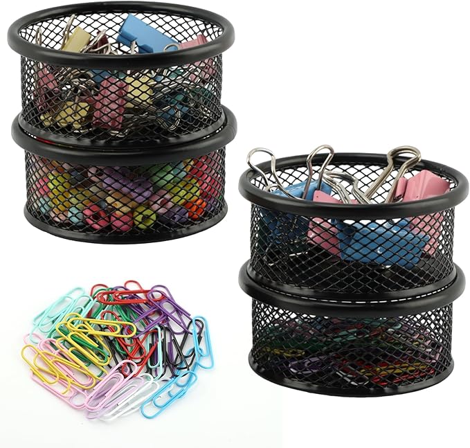 Paper Clip Holder With 50PCS Colored paper clips, 2/4PCS Stackable PaperClip Organizer for Desk,Metal Mesh PaperClip Holders with Non-Slip EVA Pad,for Office Binder Box(4pcs)