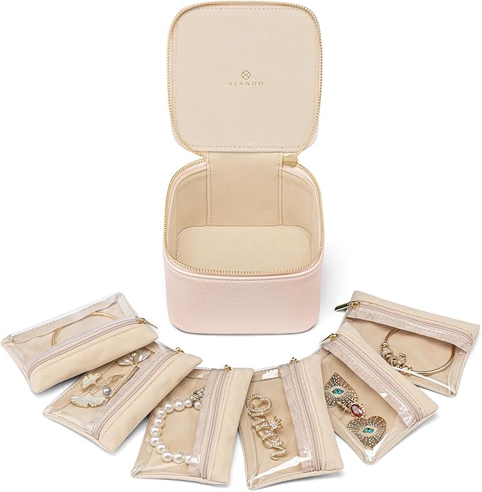 Vlando Jewelry Box with 6 Velvet Jewelry Bags Travel Jewelry Storage Box for Women Girl Jewelry Organizer Necklace Rings Earrings Bags Wedding Gifts Christmas Gifts for Women(Pink)