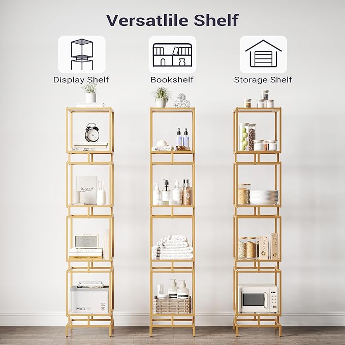 4 Cube Glass Shelf, 4-Tier Bookshelf, Display Shelf Rack, Metal Storage Rack with Tempered Glass, Modern Style for Living Room, Bathroom, Kitchen, Golden