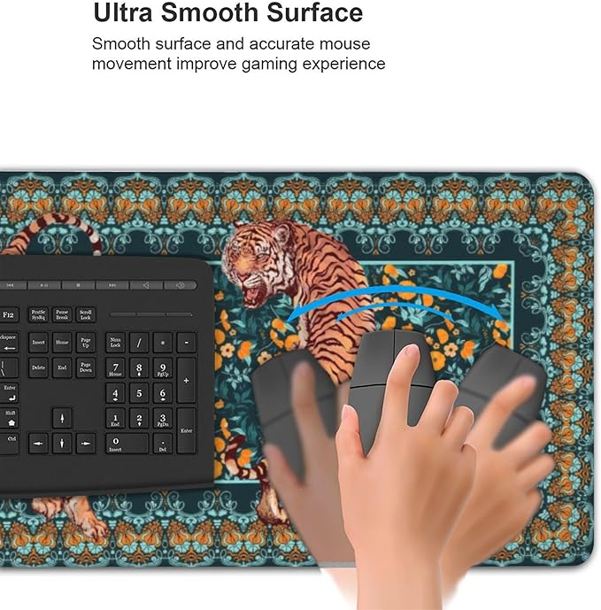 Vintage Floral Tiger Large Mouse Pad, Vintage Aesthetic Gaming Desk Mat, XXL Keyboard Desk Pad Mat for Desktop, 35.4"x15.7" Non-Slip Base Big Mousepad with Stitched Edges