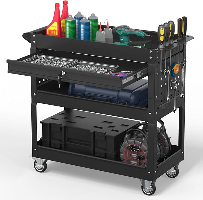 3 Tier Rolling Tool Cart on Wheels, 550 LBS Tool Cart with Drawers，Heavy Duty Utility Cart with Pegboard and Hooks，Mechanic Tool Storage Cart for Garage, Warehouse and Repair Shop(Black)