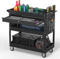 3 Tier Rolling Tool Cart on Wheels, 550 LBS Tool Cart with Drawers，Heavy Duty Utility Cart with Pegboard and Hooks，Mechanic Tool Storage Cart for Garage, Warehouse and Repair Shop(Black)