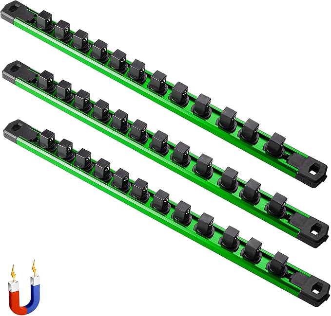 ALOANES 3-Piece Magnetic Socket Organizer, Heavy Duty Aluminum Socket Rails Organizer, 360° Swivel Clips Socket Holder Kit for Tool Box, 1/2-Inch Socket Holder x 36 Clips (Green)