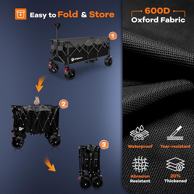 48" L Folding Beach Wagon Cart Foldable, 560lbs Weight Capacity 300L Heavy Duty Collapsible Wagons with Big All-Terrain Wheels, Utility Carts for Groceries, Shopping, Camping, Sports - Grey&Black
