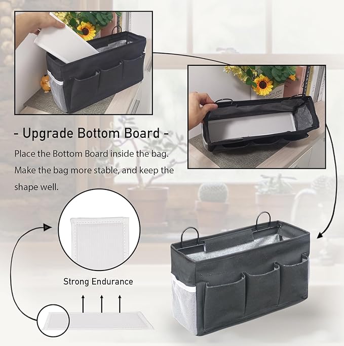 2pcs 3-pockets Large Wall Hanging Organizer Bag, Linen Fabric Door Hanging Storage Baskets with Pockets, Waterproof Bin for Kitchen, Bedroom, Office, RV Camper (Black-2pcs)