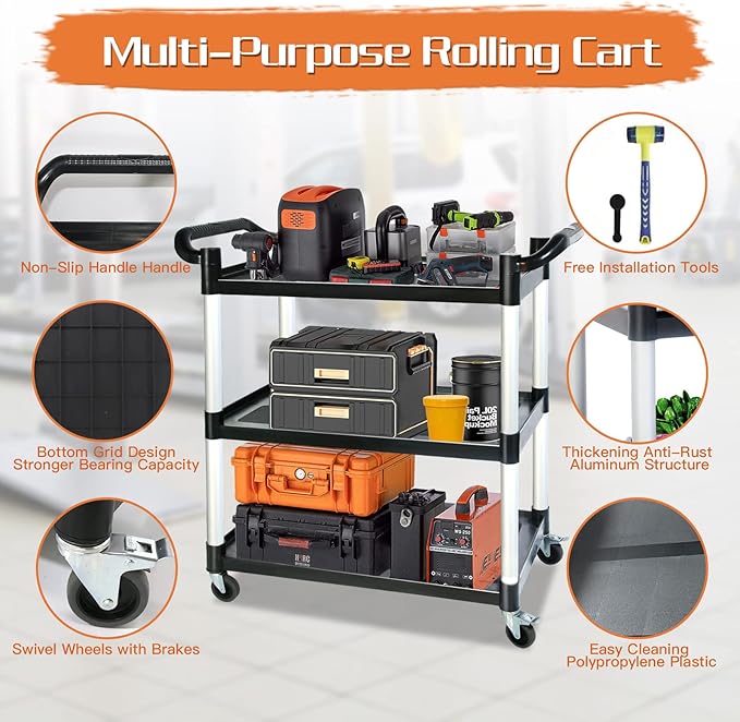Utility Carts with Wheels,3-Tier Rolling Cart with Wheels, Heavy Duty 510 LBS Food Service Cart with Rubber Pad and Hammer for Kitchen/Office/Warehouse, 31.5" X 16.9" X 38.9"(Black)
