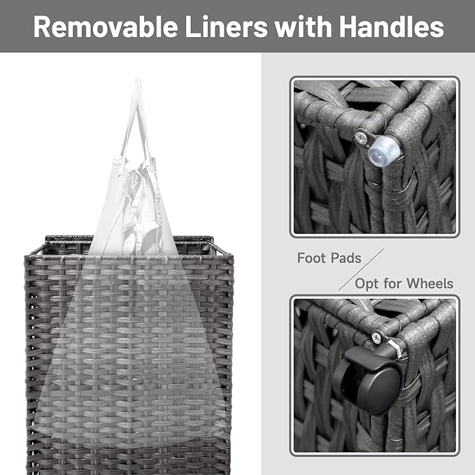 70L Slim Laundry Hamper with Lid & Wheels, Rolling Laundry Basket with 2 Removable Liner Bags & 3 Mesh Bags, Narrow Dirty Clothes Basket, Foldable Handwoven Rattan Laundry Sorter, Grey