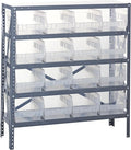 Quantum 1239-207CL Heavy Duty Shelving Unit with (5) Shelve and (16) QSB202 Clear Bins for Warehouse Storage Distribution | 400 lbs Capacity per Shelf | 12"D x 36"L x 39"H, Galvanized Steel Finish