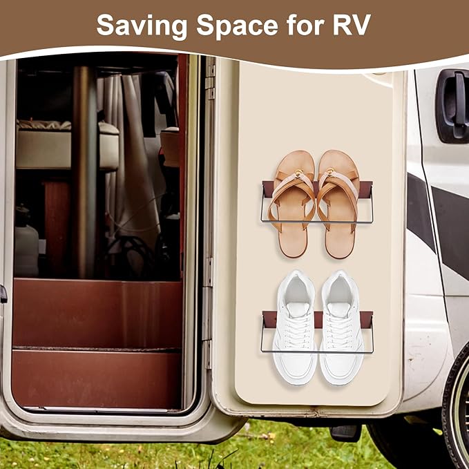 2-Pack Wall Mounted Shoe Rack, Wooden & Metal Foldable Shoe Rack - Space Saving Wall Shoe Holder for Entryway, RV, Camper, Closet, Apartment, Fits Various Shoes-Brown