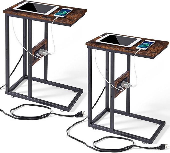 VECELO C Shaped End Side Table with Charging Station & Power Outlets for Couch Sofa/Bed, Snack TV Tray with Metal Frame for Living Room Bedroom 2 PCS, Brown
