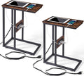 VECELO C Shaped End Side Table with Charging Station & Power Outlets for Couch Sofa/Bed, Snack TV Tray with Metal Frame for Living Room Bedroom 2 PCS, Brown