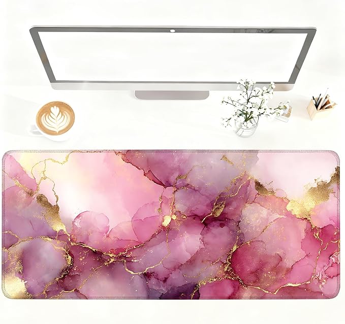 Pink Marble Ink Mouse Pad – Large Extended Desk Mat 35.43 x 15.75 in – Elegant Watercolor Gold Foil Design, Waterproof Surface, Non-Slip Rubber Base, Keyboard & Mouse Pad for Office or Gaming