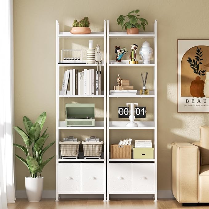 Furologee White 6 Tier Bookshelf with Drawers, Tall 71" Bookcase with Shelves, Modern Wood and Metal Bookshelves Storage Organizer, Display Free Standing Shelf Unit for Bedroom, Living Room, Office