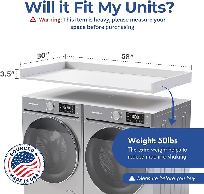 OfficeSimpli Large Washer Dryer Countertop 30 x 58 - Made in USA - Heavy-Duty Laundry Countertop Over Washer and Dryer, Laundry Room Countertop Organization Solution with Non-Slip Pads, Glacier White