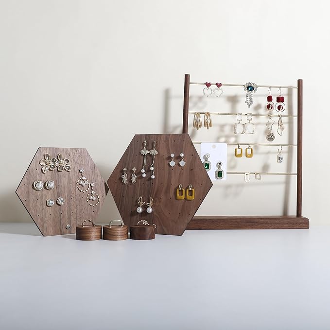 GemeShou Hexagonal Earring Organizer stand, Walnut Plywood Jewelry Display Board for Hanging earring studs, Perfect for Storing and Showcasing Your Jewelry Collection【Set of Two Size】