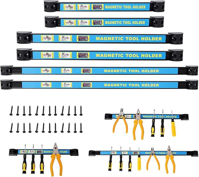 6-Pack Heavy Duty Magnetic Tool Bar Set – 2×12", 2×18", 2×24" Magnetic Tool Holder Strips with Mounting Screws, Expandable Magnetic Organizer Rack for Workshop, Garage, or Workbench