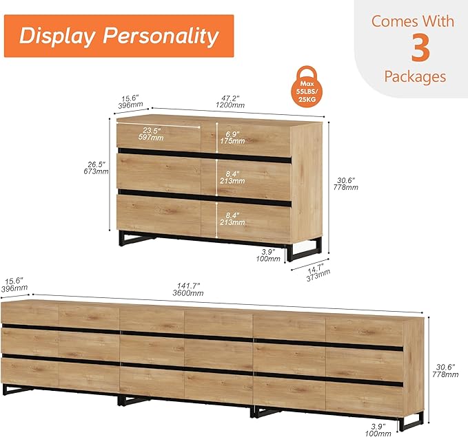 WAMPAT Dresser for Bedroom, Closet Organizers and Storage with 18 Drawers, Modern Wood Dresser with Metal Base, Chest of Drawers for Living Room, Bedroom, Oak