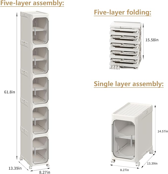 5-Tier Tall Narrow Storage Cabinet, Slim Bathroom Storage Cabinet with Adjustable Shelves and Wheels, Narrow Organizer for Small Space, Bathroom, Kitchen, Laundry