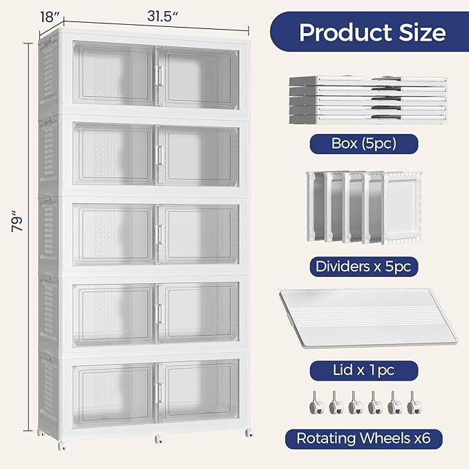 200Gal Stackable Storage Bins with Lid, 800Qt Extra Large Collapsible Storage Box with Wheels, Dividers, Folding Plastic Cabinet Closet Organizers for Home Kitchen Office Dorm, 5Pack White