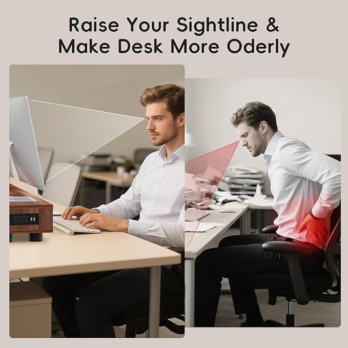 Artswish Dual Monitor Riser with Power Outlet, 42 Inch Wood Monitor Stand for 2 Monitors with Drawer Storage, Computer Monitor Stand Riser with Adjustable Feet, Double Monitor Stand Desk Shelf, Walnut