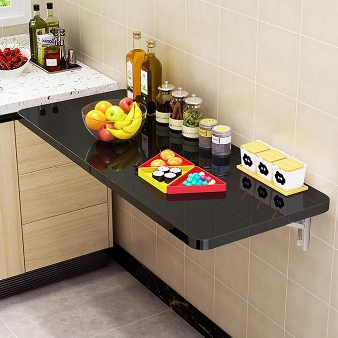 Wall Mounted Folding Wood Table, Folding Table with Heavy Duty Metal for Laundry Collapsible Shelf Brackets, Wall Mounted Desk Fold Down for Small Spaces Black 120 * 50cm/47.2”*19.7”