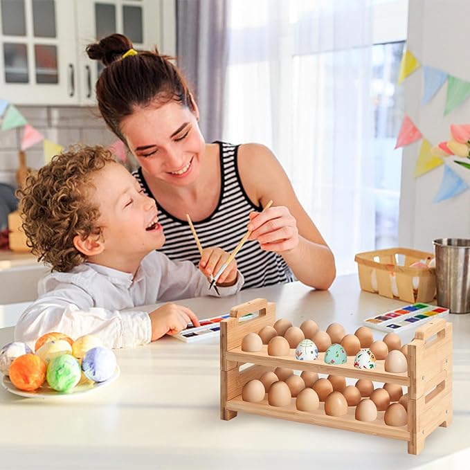 2-Tier Wooden Egg Holder - Egg Basket For Gathering Fresh Eggs, Layer Egg Tray Holder Countertop For 18 Eggs,Tier Egg Organizer For Farmhouse Kitchen Refrigerator Fits Duck, Turkey, Chicken Eggs