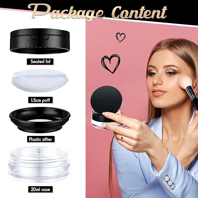 Cunhill 2 Pcs Loose Powder Container with Puff 0.17/0.7 oz Reusable Plastic Empty Case Portable DIY Makeup Powder Container Compact Case with Mirror and Net Sifter(Silver, Black)