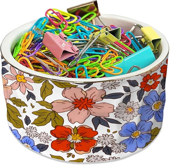 Paper Clip Holder Ceramic Paper Clip Holders Vintage Garden Floral Paperclips Holder Dispenser Cute Gold Line Paper Clip Organizer for Desk Binder Clip Bobby Pin Hair Gift for Office Pink Flowers