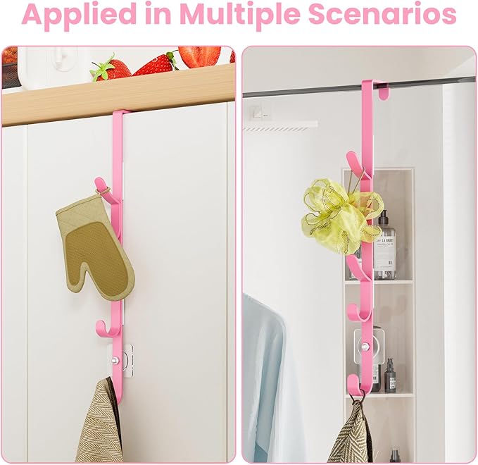 Over The Door Hooks, Metal Door Hooks for Hanging, Over The Door Purse Organizer for Coat Hanger, Back of Shower Door for Hanging Towel Rack Clothes, Hat, Bathroom, Closet (Pink-3Packs)