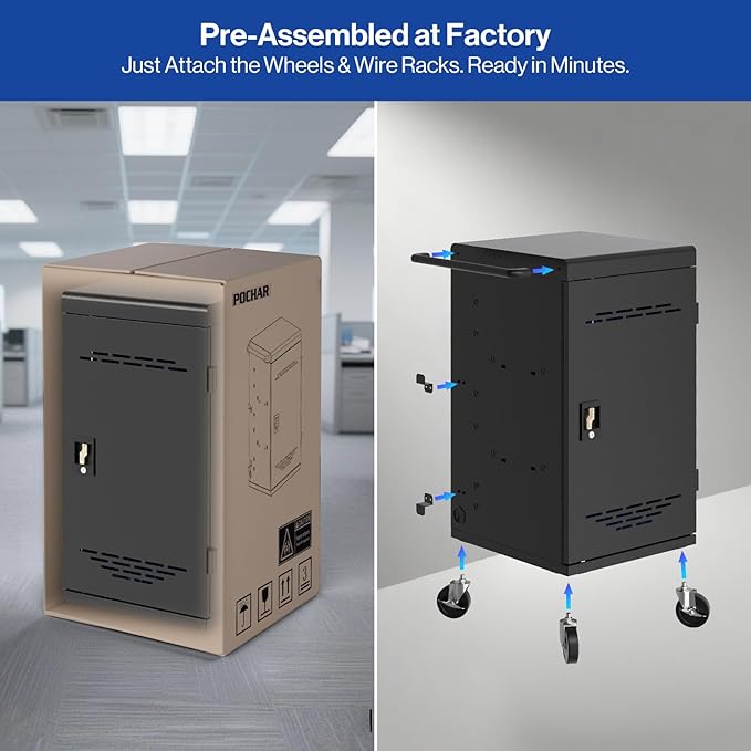 POCHAR Fully Assembled 30 Unit Device Charging Station for Chromebook, iPad, 14'' Laptop - Charging Cart with Charger Cable Management, Circuit Breaker, Grounding Protection