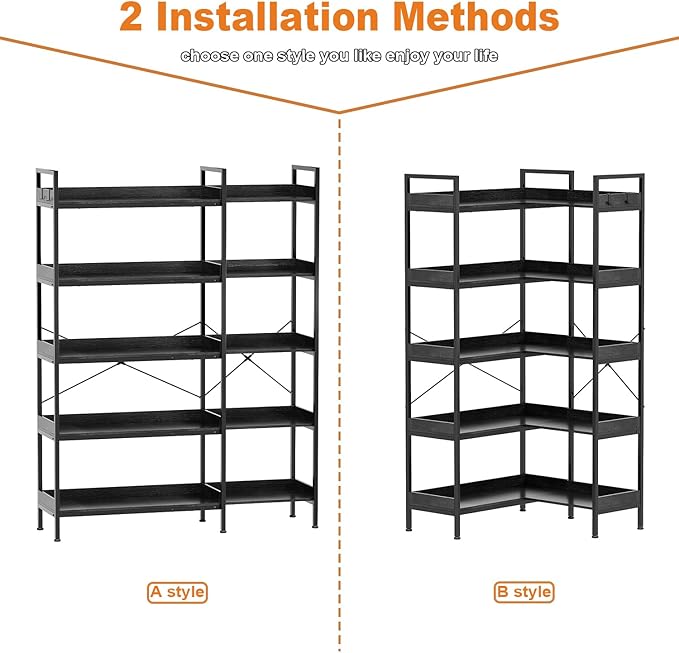 KOUSEI 5-Tier Corner Bookshelf, Reversible L-Shaped Bookcase with 4 Hooks, 65" Industrial Wood & Metal Storage Shelf for Living Room, Home Office & Bedroom, Black