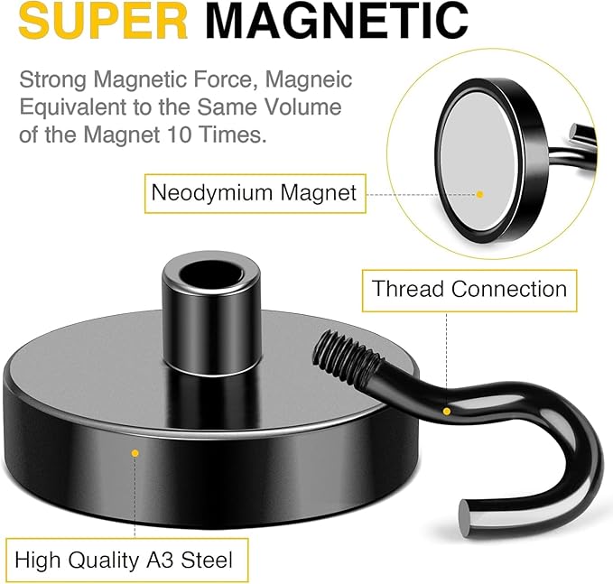 DIYMAG Black Magnetic Hooks, 170 LB Heavy Duty Strong Magnets with Hook, Rare Earth Neodymium Magnet for Cabins Cruise Ship Essentials 8 Packs