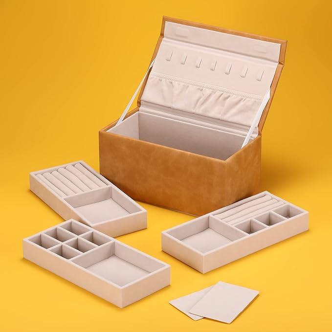 Jewelry Box for Girls, 3-Layer Stackable Jewelry Organizer Trays for Women Gift with Necklace Earring Ring Holder, Brown