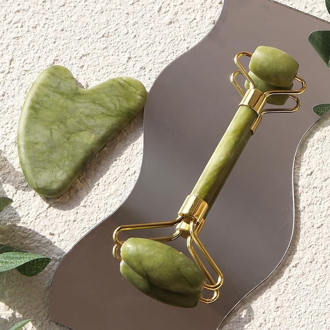 4-Piece Body Roller Jade & Authentic Jade Roller and Gua Sha Set for Face and Body Sculpting, Puffiness Reduction, Lymphatic Support, and Relaxing Spa Massage