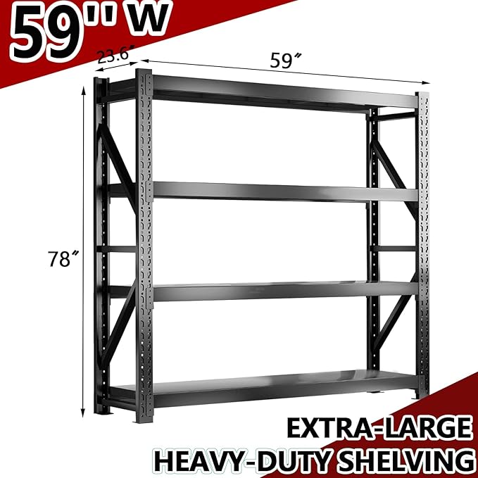 3000LBS Heavy-Duty Garage Shelving, 59" W Metal Shelves, 4-Tier Adjustable Garage Shelving Units, Storage Racks for Warehouse, Workshop